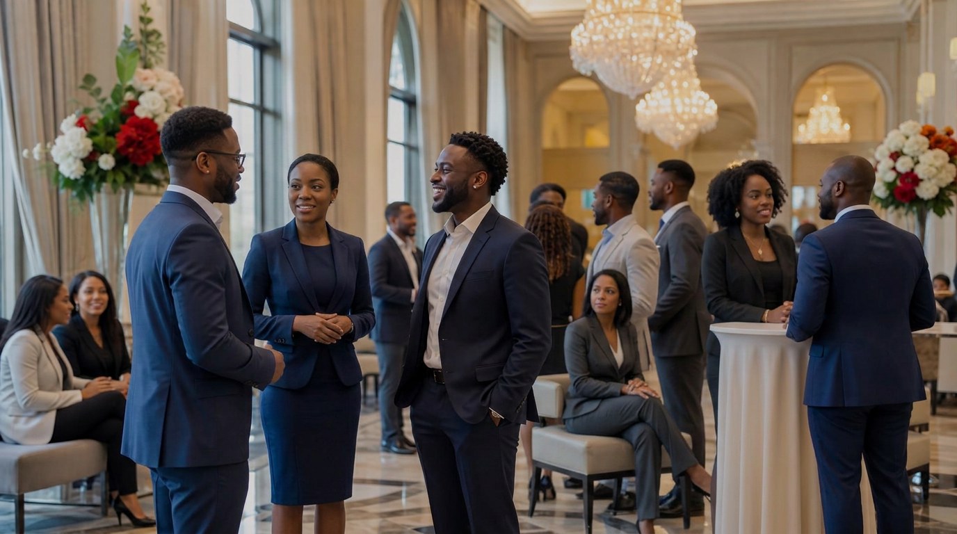 Black alumni in professional attire mingling in a reception area at the OU/TX reception